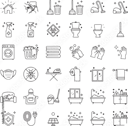 Household cleaning tools and supplies icon set for organization and design