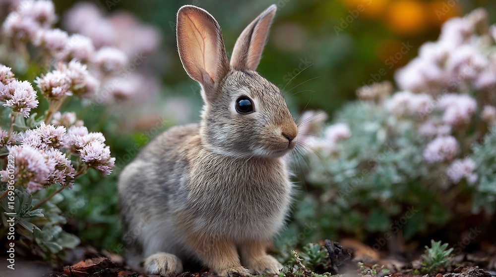 Fototapeta premium A charming bunny amidst blossoming flowers, showcasing nature's gentle beauty