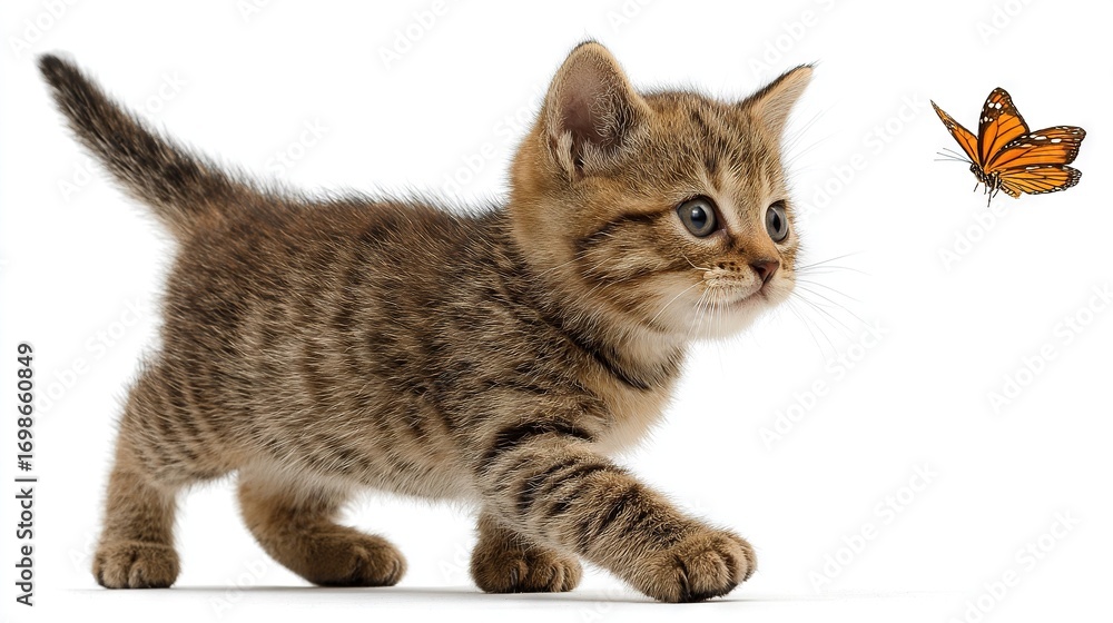 Obraz premium A small kitten standing beside a butterfly against a white background, with a subtle butterfly silhouette behind it