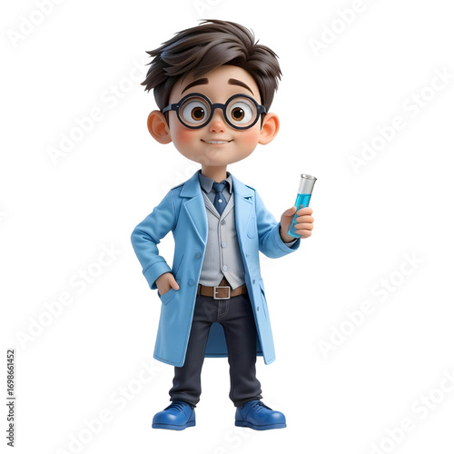 Boy With Brown Hair And Glasses, Wearing Blue Lab Coat And Holding Test Tube With Blue Liquid.eps