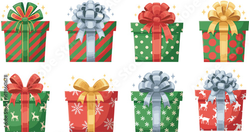 Colorful festive gift boxes with ribbons and patterns for holiday celebration, Christmas packaging, birthday presents, party decoration vector set