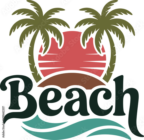 Beach Logo Graphic with Palm Trees Sunset and Waves in Olive Green Brown and Teal