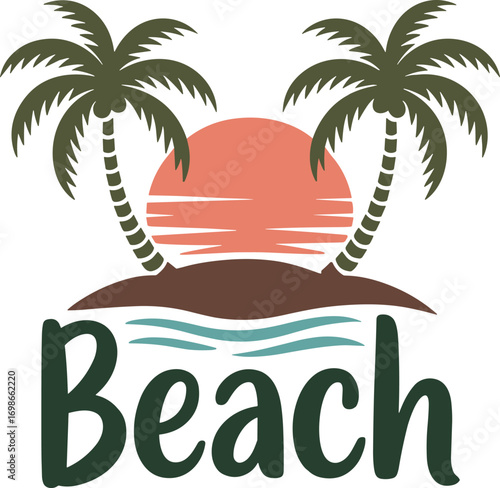 Beach logo with palm trees island sunset and ocean waves in olive green brown and salmon