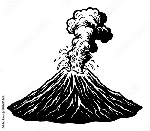 Volcano Erupting Smoke and Lava in Coloring Book Style Black and White Outline Line Art Drawing