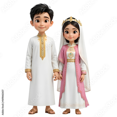 Boy And Girl In Traditional Attire, Boy Wears White, Gold Thobe, While The Girl Wears Pink And Gold Dress.eps