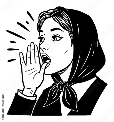 Vintage Woman Shouting with Hand Near Mouth in Cartoon Style Black and White Outline Line Art Drawing