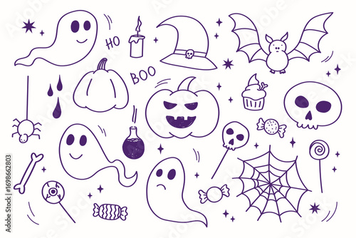 Vector cartoon set for Halloween with pumpkins lantern, ghost, skull, bat, spider web, stars, potion. Hand drawn doodle for celebrating autumn Saints holiday, design, card, flyer, paper, banner