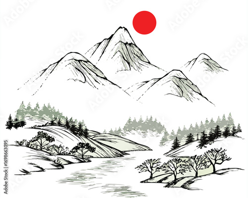 chinese simple landscape drawing line art eps