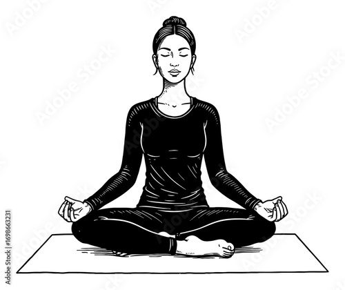 Woman Meditating Lotus Position Yoga Mat Modest Closed Clothing Front View Black and White Outline Line Art Drawing