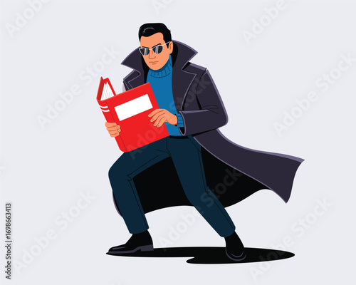 Cloaked Figure Absorbed in Reading a Crucial Red Binder, Portraying Secrecy and Intellect