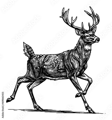 Running Majestic Deer Stag Black and White Outline Line Art Drawing Vintage Woodcut Style Illustration