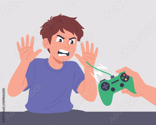 Child's digital detox struggle An illustration of a boy's frustration over removed gaming console
