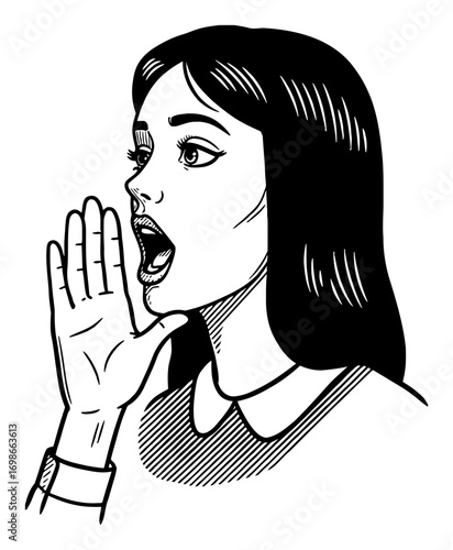 Vintage Woman Shouting with Hand Near Mouth Cartoon Style Black and White Outline Line Art Drawing