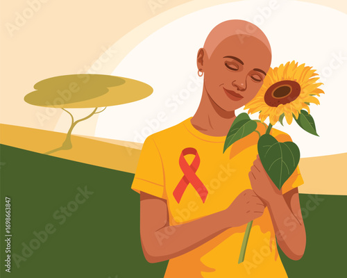 Bald Woman with Red Ribbon Embracing a Sunflower Symbolizing Strength and Hope