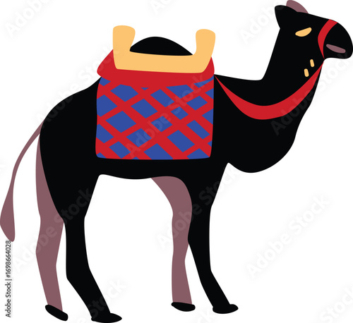 Stylized Black Camel with Colorful Saddle and Bridle.