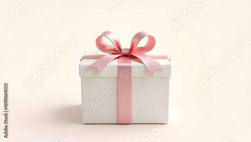 White gift box tied with blue ribbon on clean background