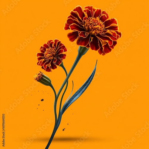 Vibrant marigolds bloom against a bright orange background, showcasing their intricate petals and lush green leaves, perfect for celebrating nature's beauty and freshness.