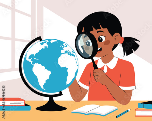 Girl Exploring the World with Magnifying Glass Flat Vector Illustration