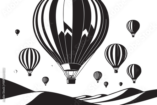 Black and white illustration of hot air balloons floating over rolling hills with a large central balloon