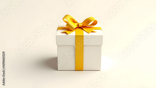 White gift box tied with blue ribbon on clean background