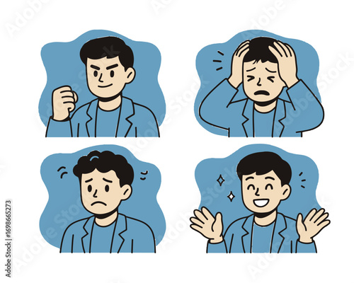 Various facial expression variations of a casual young man