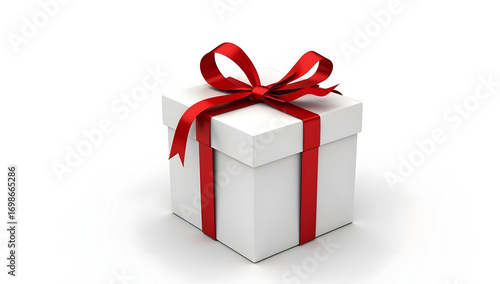 White gift box tied with blue ribbon on clean background