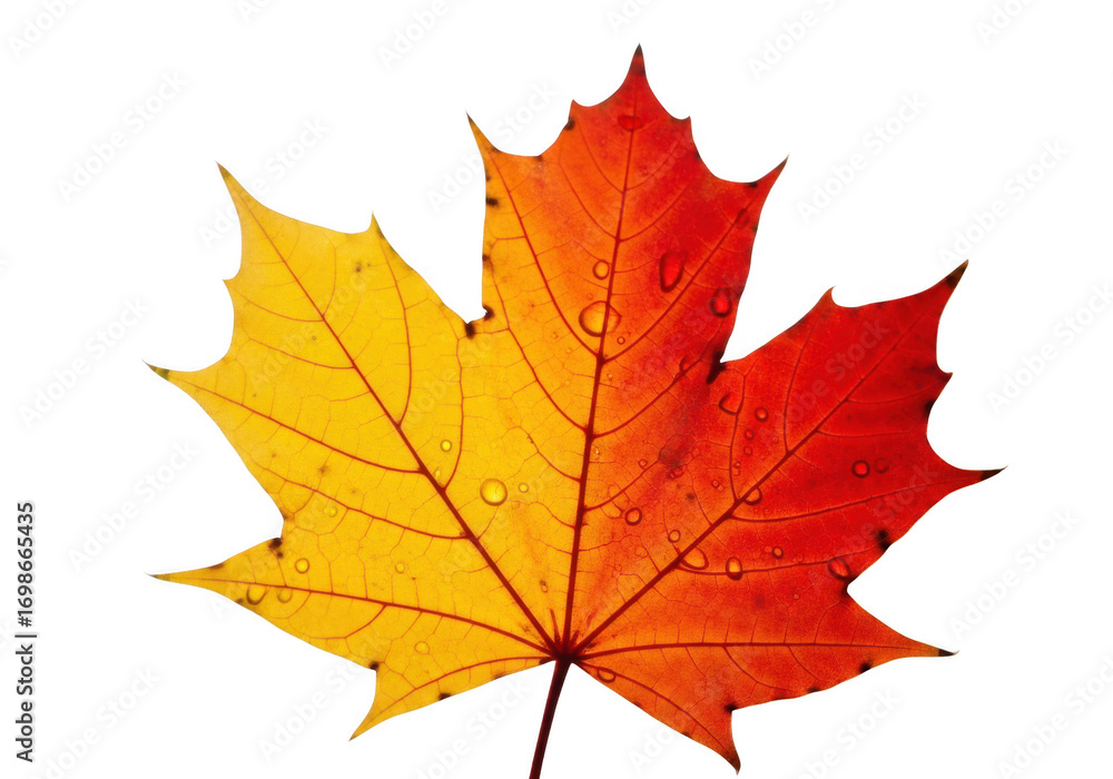 Fototapeta premium Autumn maple leaf with water drops isolated on transparent background