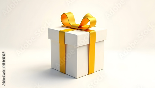 White gift box tied with blue ribbon on clean background