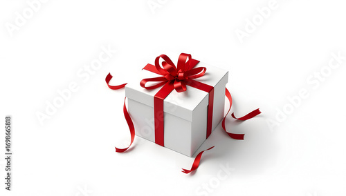 White gift box tied with blue ribbon on clean background