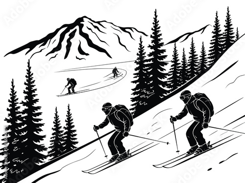 Mountain Landscape Vector with Downhill Skiing in Vintage Black and White Style. Silhouettes of Skiers, Snow-Covered Slopes, Pine Trees, and Rugged Peaks for Winter Sports Design