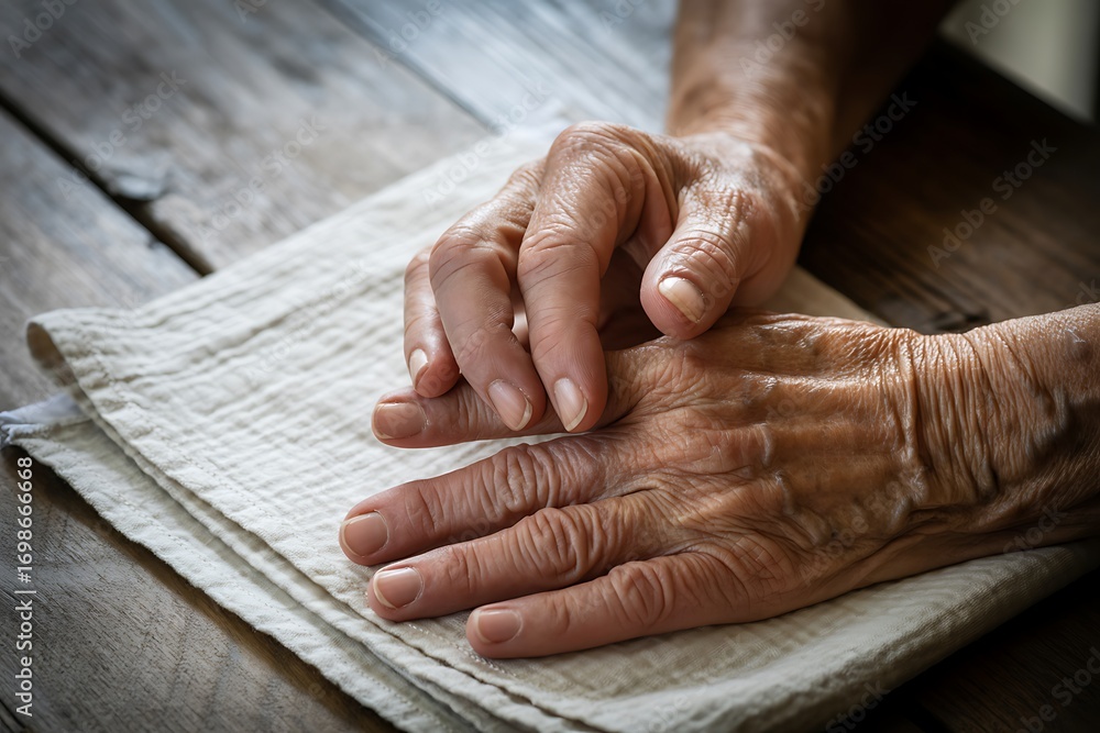 Fototapeta premium Gentle touch of weathered hands resting on soft cloth evokes warmth, comfort, and the beauty of aging, a poignant symbol of life's journey.