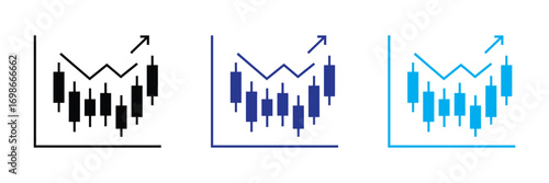 Candlestick chart with upward trend arrow and line graph, isolated on transparent background