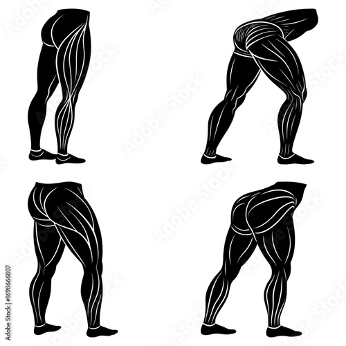 Illustrative depiction of human leg muscles in various poses against a white background showcasing anatomy