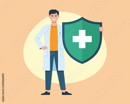 Dedicated medical professional holding a protective health shield, ensuring patient safety and wellness