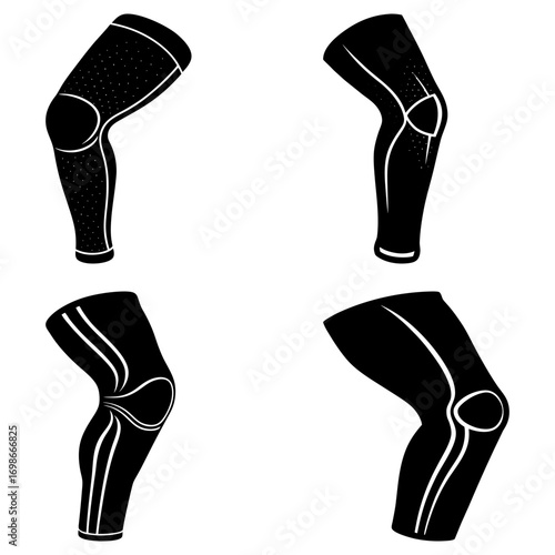 Illustration of four knee sleeves with varying designs in black and white color palette on a white background