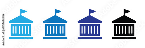 Set of four building icons with flags, in blue gradient and black, isolated on transparent background