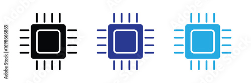 Set of three microprocessor icons in black, blue, and cyan isolated on transparent background