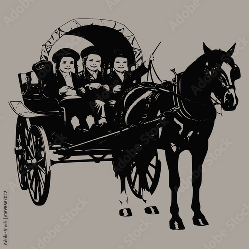 Vintage Horse Drawn Carriage with Children - Monochrome Silhouette