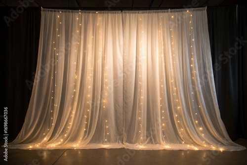 Birthday Background White sheer curtains draped with warm fairy lights against a dark background drapes fabric
