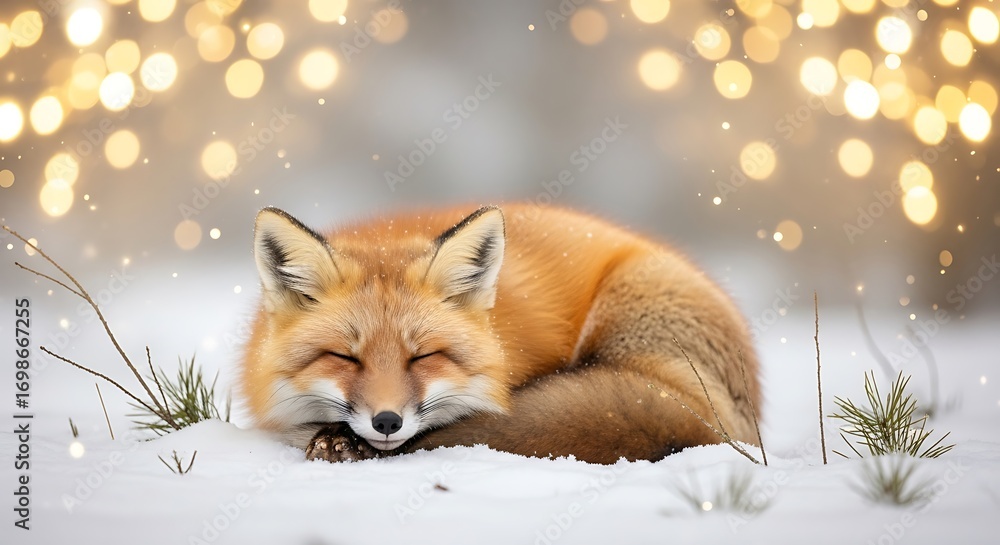 Obraz premium Sleeping fox curled in snow, soft bokeh lights, winter serenity