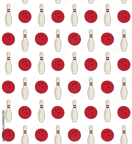 Vector seamless pattern of hand drawn sketch doodle colored bowling isolated on white background