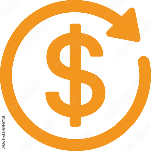 Orange dollar sign inside a circular arrow on a white background money currency