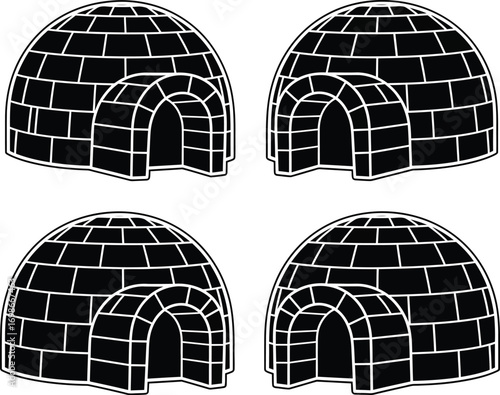 Four stylized black and white illustrations of igloos with arched entrances on a white background