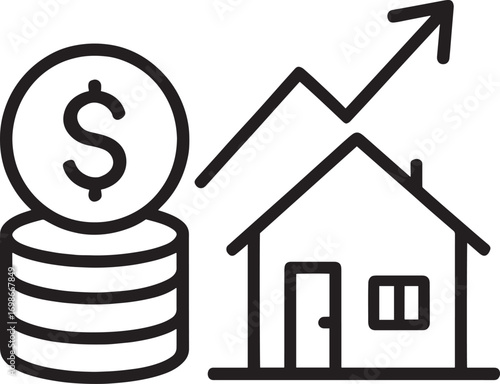 Stack of coins with dollar sign and house with upward graph on white real estate housing