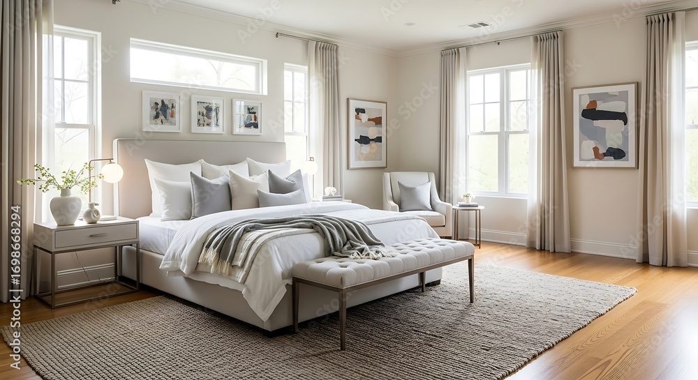 Fototapeta premium Serene bedroom with neutral tones, abstract art, and soft natural light