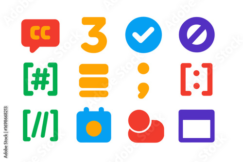 Ruby Data Type Icons. Flat vector icons of Ruby data types: string icon, number value, boolean symbol, nil icon, hash icon, array