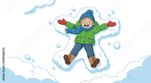 Happy Child Making Snow Angels in Winter Snowy Environment. Joyful New Year Celebration Vector Illustration Showing Playful Outdoor Fun and Festive Seasonal Spirit