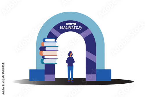 World Teachers’ Day Vector – Teacher Under Surreal Infinite Book Archway