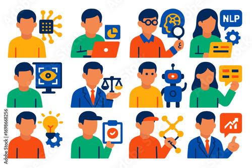 AI Job Role Icons. Flat vector icons of AI job roles: machine learning engineer, data scientist, AI researcher, NLP engineer,