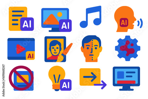 AI Icon Set. Flat vector icons of AI-generated content: AI text generation, image synthesis, music composition, voice cloning,